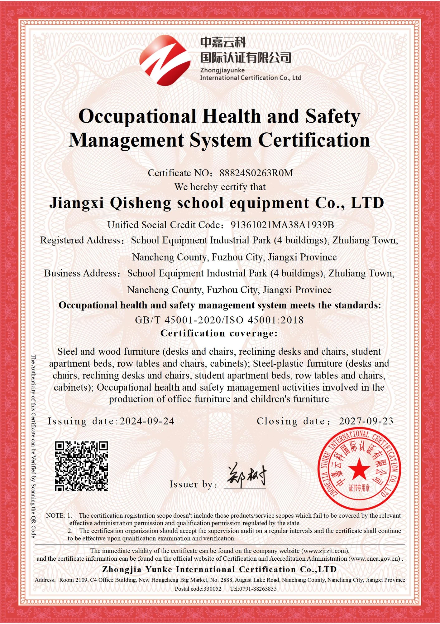 ISO 45001 Occupational Health & Safety — certificate 88824S0263R0M, valid to 23 Sep 2027